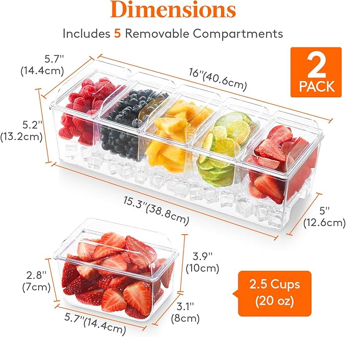 Lifewit 2 Pcs Ice Chilled Condiment Caddy with 5x20 oz Containers, Condiment Server with Separate Lid, Serving Tray Platter with Removable Dishes for Bar Fruit Salad Taco Party Garnish, 39 x13cm/15x5