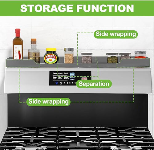 30 Inch Magnetic Stove Top Shelf | 3-Zone Kitchen Organizer with Anti-Slip & Anti-Fall Design | Heat Resistant (-40°F to 446°F) Food-Grade Silicone Spice Rack for Flat Stoves-Grey