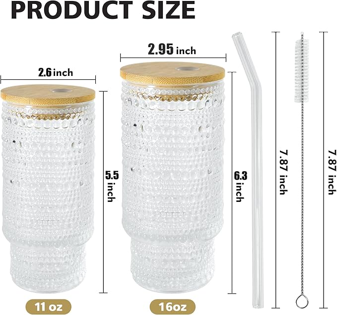 4 Pcs 16 oz Glasses Cups with Bamboo Lids Straws Brush Hobnail Glass Tumbler with Straw and Lid for Juice Iced Coffee Soda Cocktail Juice