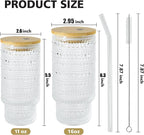 8 Pcs 16 oz Hobnail Glasses Cups Set with Bamboo Lids Straws Brush Hobonail Ribbed Glassware Set for Juice Iced Coffee Beer Cocktail Whiskey