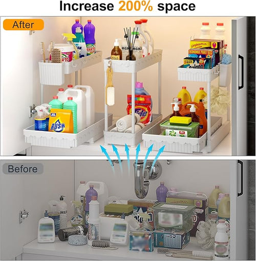 3 Pack Multi-Purpose Under Sink Organizers and Storage, 2026 L-Shaped Pull Out Cabinet Organizer for Bathroom & Kitchen, Under Cabinet Organizer with Hooks Hanging Cup (White, 14.85 inch)