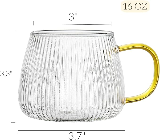AVLA 6 Pack Glass Coffee Mugs, 16 OZ Unique Vertical Stripes Coffee Cup, Clear Large Tea Glasses with Handle, Vintage Transparent Glassware for Hot/Cold Beverages, Cappuccino, Latte, Espresso, Juice