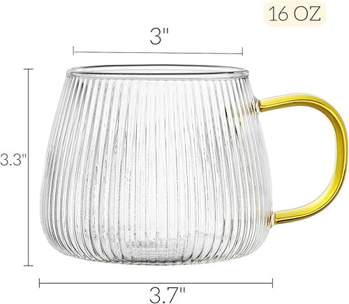 AVLA 6 Pack Glass Coffee Mugs, 16 OZ Unique Vertical Stripes Coffee Cup, Clear Large Tea Glasses with Handle, Vintage Transparent Glassware for Hot/Cold Beverages, Cappuccino, Latte, Espresso, Juice