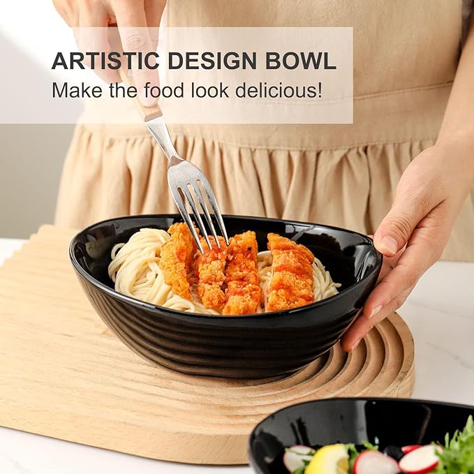 HASENSE 4Pcs Serving Bowls & Salad Bowls Set – 28oz Ceramic Mixing Bowls, Microwave & Dishwasher Safe, Stackable for Space-Saving – Ideal for Pasta, Fruit, Side Dishes, Soup, Black
