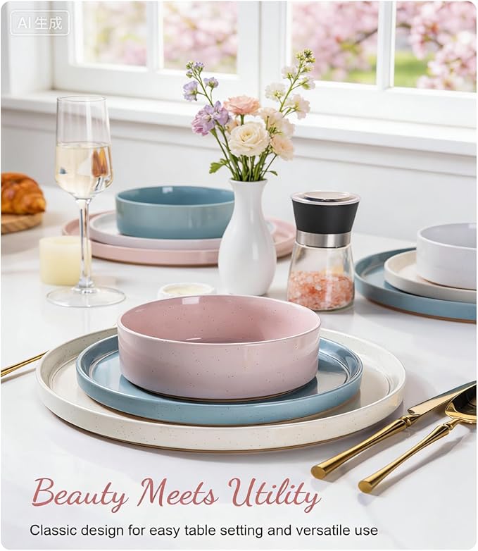 AmorArc Ceramic Dinnerware Set for 8 | Handpainted Stoneware Plates and Bowls with Rustic Terracotta Underside| Scratch Resistant,Dishwasher & Microwave Safe Dishes Sets- 24pcs Colorful