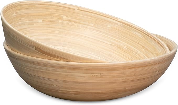 LEXA 12" Handmade Bamboo Salad Bowl – 130 oz Large Wooden Fruit Bowl for Kitchen Counter, Natural Bamboo, Pack of 2