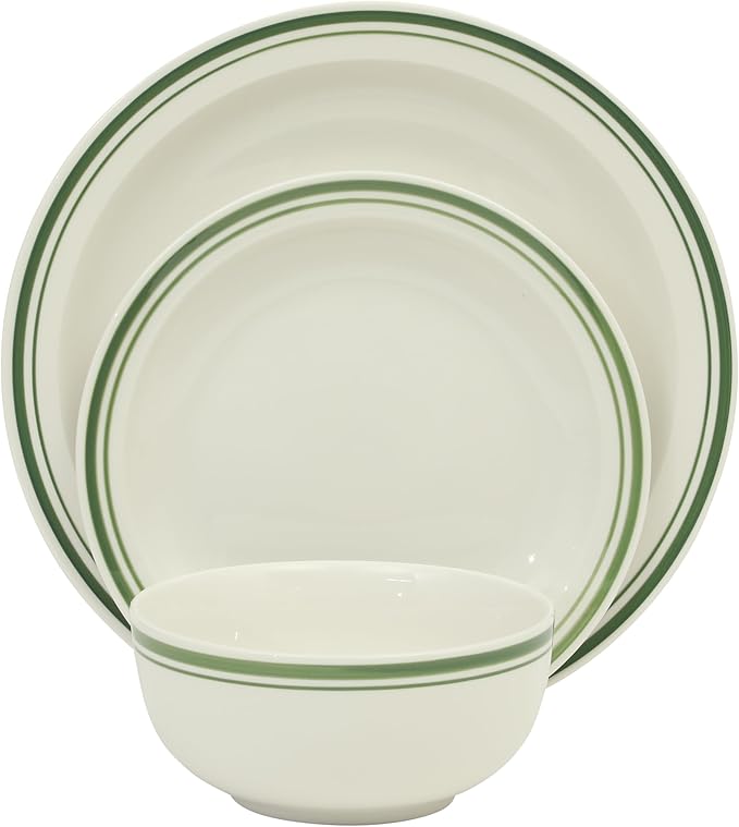 Gibson Home Hometown Diner 12-Piece Porcelain Dinnerware Set, Round Plates and Bowls Set for 4, White with Green Rim, Dishwasher Safe – Dinner Plate, Salad Plate & Cereal Bowl