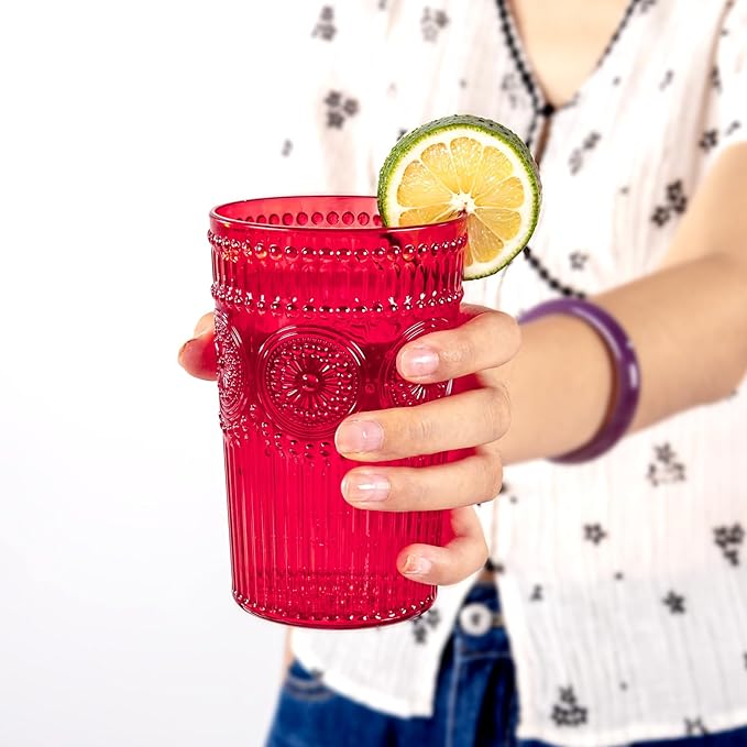 Ciaell 12 Pack Romantic Plastic Water Glasses - 14 Oz Red Vintage Drinking Glasses, Embossed Ribbed Plastic Cups, Textured Striped Set for Juice, Beverages, Beer, Cocktail