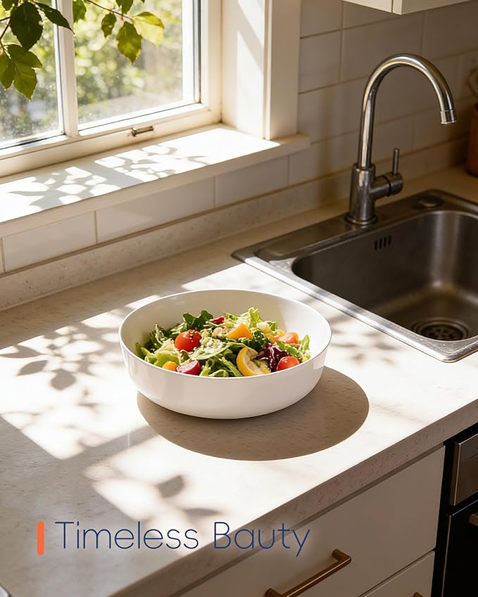 LaGlint 10 Inch 90 OZ Opal Glass Serving Bowls Set of 2, Extra Large White Salad Bowls for Kitchen, Microwave & Dishwasher Safe