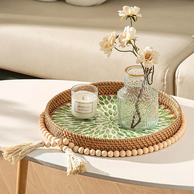 Round Rattan Tray Home Decor, 12'' Wicker Serving Tray with Mother of Pearl Inlay, Boho Decorative Tray for Coffee Table, Bathroom, Ottoman, Kitchen Table (Coastal Blue)