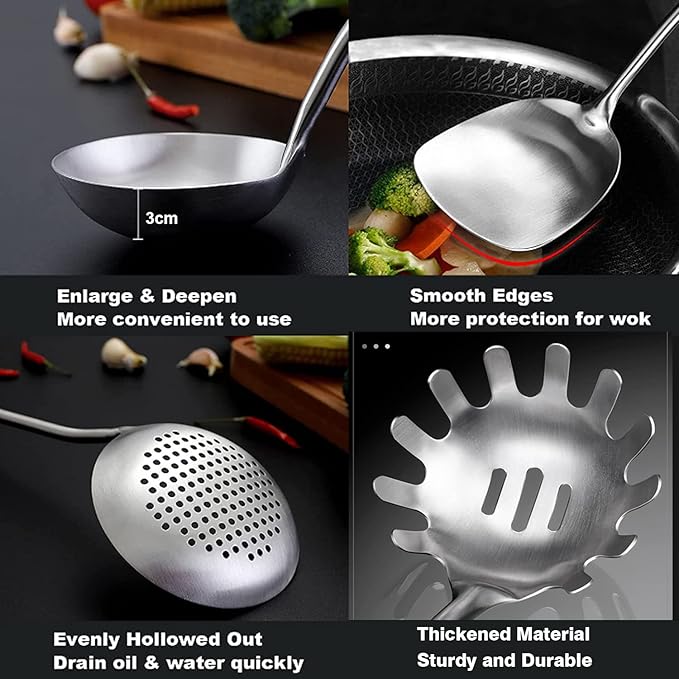 Stainless Steel Kitchen Utensils Set, 6 Pcs Professional All Metal Cooking Utensils Set 12-13.6 Inch, Wok Spatula, Ladle, Skimmer, Slotted Spatula Turner, Spaghetti Spoon, Large Spoon