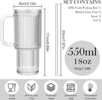 2 Pack Iced Coffee Cup with Lids, 18oz Clear Glass Tumbler with Straw & Lid, Ribbed Glassware Cups, Dishwasher Safe Drinking Glasses, Stylish Glass Cups for Coffee, Juice, Tea, Matcha
