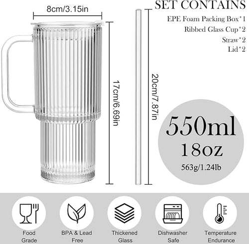 2 Pack Iced Coffee Cup with Lids, 18oz Clear Glass Tumbler with Straw & Lid, Ribbed Glassware Cups, Dishwasher Safe Drinking Glasses, Stylish Glass Cups for Coffee, Juice, Tea, Matcha