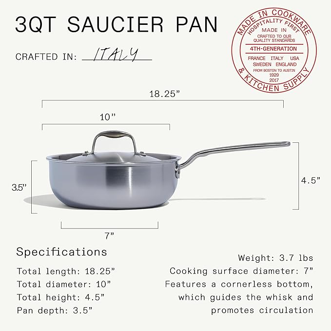 Made In Cookware | 3 Quart Stainless Steel Saucier Pan | 5 Ply Stainless Clad | Professional Cookware | Crafted in Italy | Induction Compatible