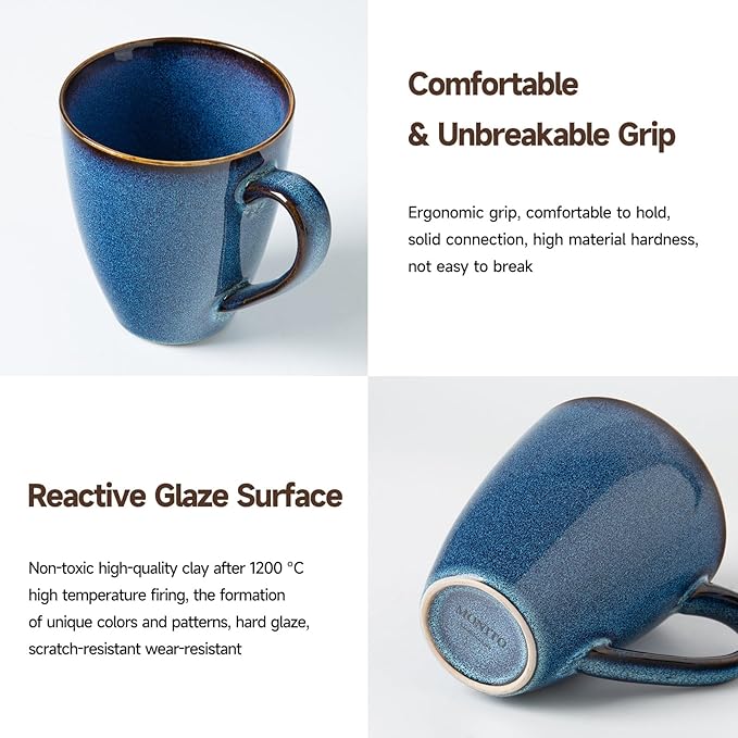 MONITO 17 OZ Coffee Mugs Set of 6, Large Ceramic Blue Coffee Mugs Set with handle for Tea/Latte/Milk/Cocoa, Funny Tea Cups for Office and Home, Engagement Gifts. (Starry Blue)