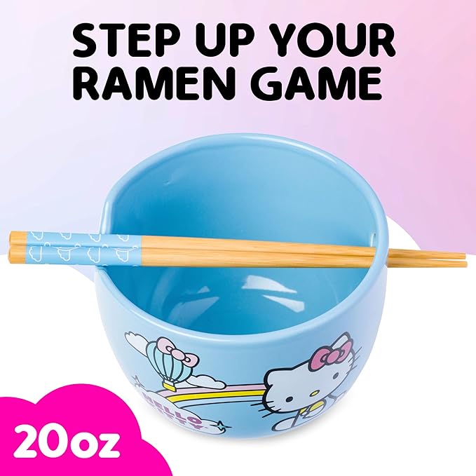 Silver Buffalo Sanrio Hello Kitty Rainbow Ceramic Ramen Bowl with Chopsticks, 20 Ounces