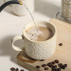 6 Oz Coffee Cups Set of 4, Stackable Coffee Mugs with Stand, Ceramic Cappuccino Cup, Embossed Espresso Cups for Latte, Tea, Cocoa, Mocha, Housewarming Present, Dishwasher Safe