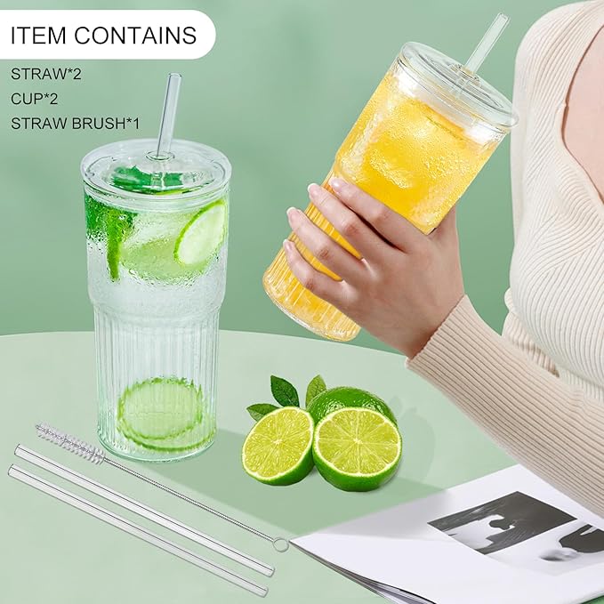 Luiaiog Glass Cups with Lids and Glass Straws, High Borosilicate 20OZ Tumblers (2Pcs) for Coffee, Tea, Juice, Smoothies, Hot/Cold Drinks at Home, Office