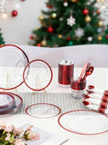BESTVIP 350PCS Disposable Clear Red Dinnerware Sets for 50 Guests, Plastic Plates for Party, 100 Plastic Plates, 50 Cups, 50 Pre-Rolled Napkins with Cutlery for Parties, Christmas, Wedding