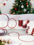 BESTVIP 350PCS Disposable Clear Red Dinnerware Sets for 50 Guests, Plastic Plates for Party, 100 Plastic Plates, 50 Cups, 50 Pre-Rolled Napkins with Cutlery for Parties, Christmas, Wedding
