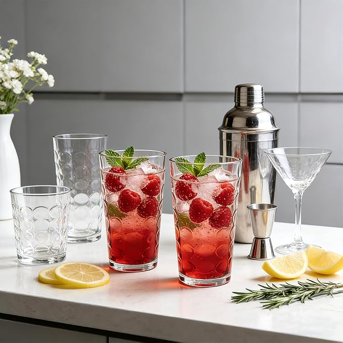 Mapoxy 12 Pack Vintage Hobnail Highball Glass Cups, 16 Oz Textured Drinking Glasses for Water, Juice, Beer, Iced Tea, Cocktails, Clear Glasswares for Home&Bar Use, Dishwasher Safe
