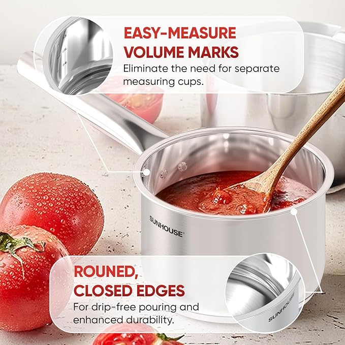 SUNHOUSE - 1.5 Quarts Stainless Steel Sauce Pan with Lid - PFOA-FREE, Stainless Steel Sauce Pan, Advanced Impact Bonding Induction Base, Stay-Cool Handle, Compatible with All Cooktops