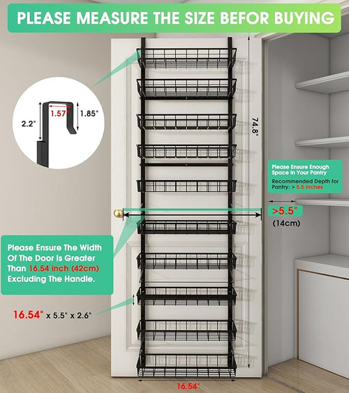 10-Tier Over The Door Pantry Organizer, Pantry Organization and Storage, Black Metal Hanging Adjustable Basket, Wall Spice Rack Seasoning Shelves, Home & Kitchen Essentials