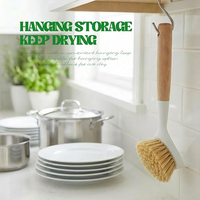 Dish Brush with Handle Wood Built-in Scraper, Scrub Brush for Pans, Pots, Saucepan, Kitchen Brushes for Sink and Stove, Yellow