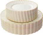 Lullaby 60PCS Ivory Scalloped Plastic Plates with Gold Rim, Disposable Elegant Plates Include 30pcs Dinner Plate 10.25", 30pcs Plastic Dessert Plate 7.5", Perfect for Wedding and Party