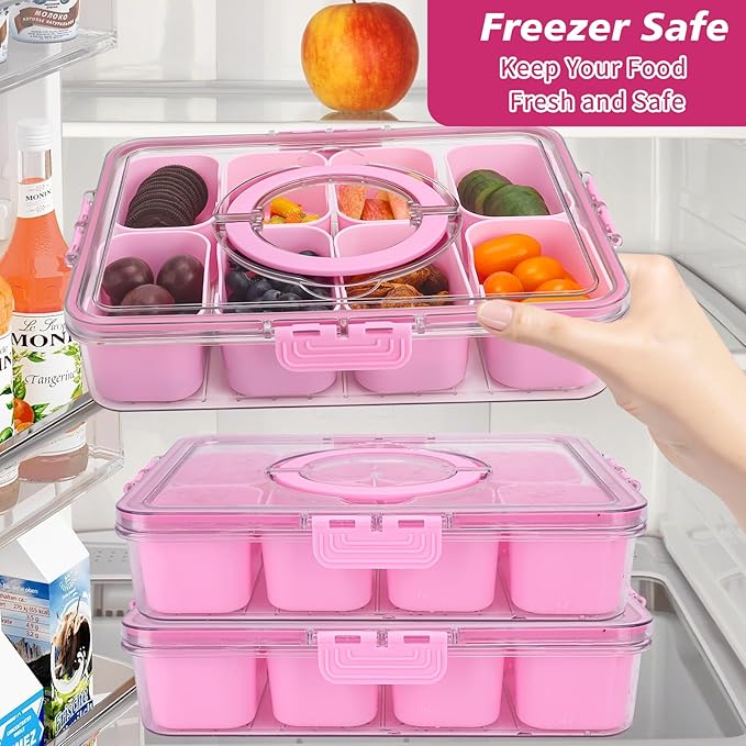 shopwithgreen Divided Serving Tray with Lid and Handle, Portable Snackle Box Charcuterie Container for Party, Veggies, Fruits, Nuts, Candy, Food Tray Platter Snack Box for Entertaining, Picnic, Pink