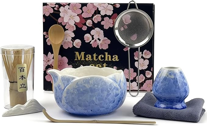 Matcha Whisk Set, Ceramic Matcha Set, Matcha Bowl with Spout and Whisk,8 pcs Matcha Tea Kit for Matcha Lovers, Ideal Gift Christmas, Birthday (Blue)