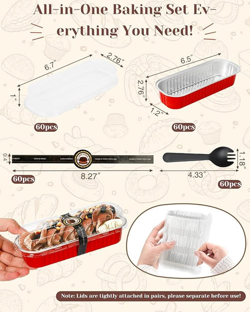 100 Pack Mini Loaf Pans with Lids and Spoons Sealing Sticker, 6.8oz Aluminum Foil Mini Cake Pans for Baking, Disposable Small Mothers Day Bread Pans with Lids – Valentines Tins CupCake, Red