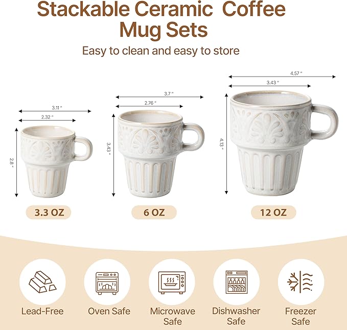 3.3 OZ Coffee Mugs, Ceramic Coffee Mug, Espresso Cups, Stackable Mug, Mug Set of 6, Coffee Cups for Tea Cocoa Cappuccino - Office Party Gathering, Great Gift for Birthday Housewarming Wedding, Beige