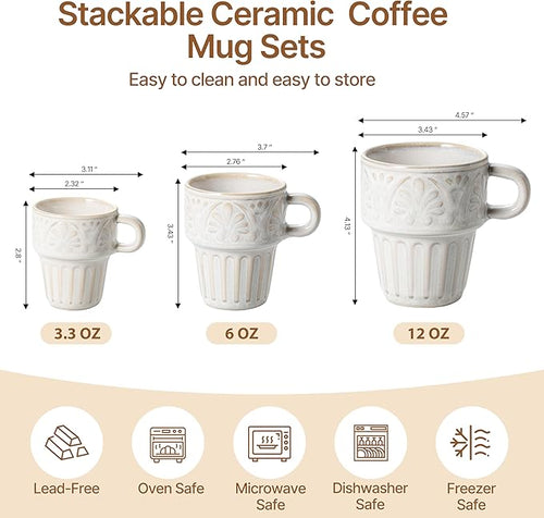 3.3 OZ Coffee Mugs, Ceramic Coffee Mug, Espresso Cups, Stackable Mug, Mug Set of 6, Coffee Cups for Tea Cocoa Cappuccino - Office Party Gathering, Great Gift for Birthday Housewarming Wedding, Beige