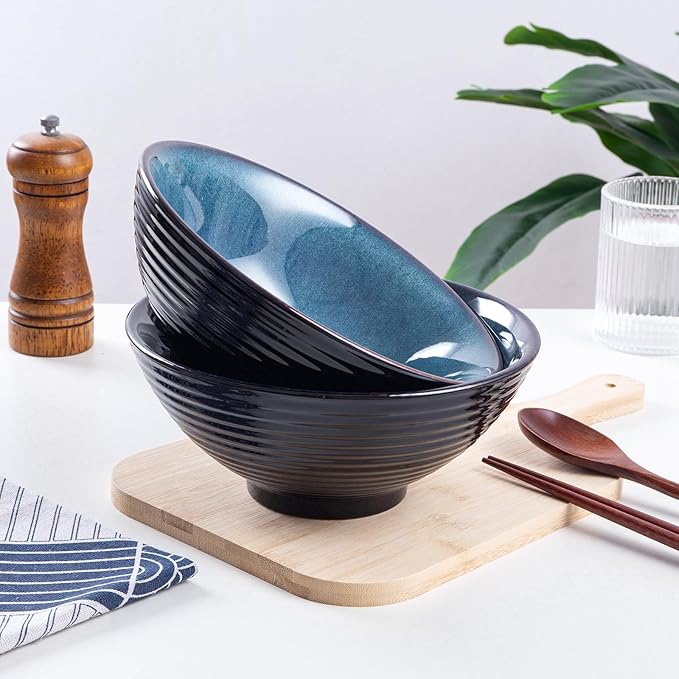 Ceramic Japanese Ramen Bowl Set, 2 Sets Asian Pho Udon Soup Noodle Bowls with Spoons and Chopsticks (Starry Blue, 8 inches)