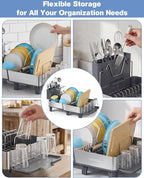 Dish Drying Rack, 304 Stainless Steel Expandable Dish Rack with Adjustable Drain Spout, Large Capacity Dish Drainer with Utensil Holder, Cup Holder and Cutting Board Rack for Kitchen Counter, Gray