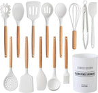 Country Kitchen Non Stick Silicone Utensil Set with Rounded Wood Handles for Cooking and Baking, 14 Piece Set, White