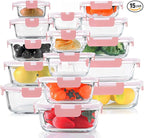 KOMUEE 30 Pieces Glass Food Storage Containers Set, Meal Prep Containers Set with Snap Locking Lids, Airtight Glass lunch Containers, Microwave, Oven, Freezer & Dishwasher,Pink