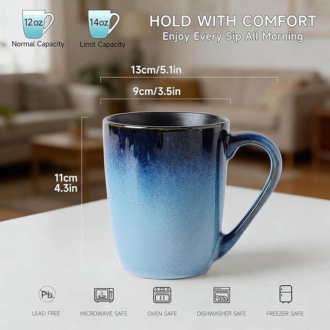 MONITO Large Ceramic Coffee Mugs Set with Handle for Tea/Latte/Cappuccino/Milk/Cocoa, Ice-Snow Blue 14oz, Set of 6, Funny Tea Cups for Office and Home