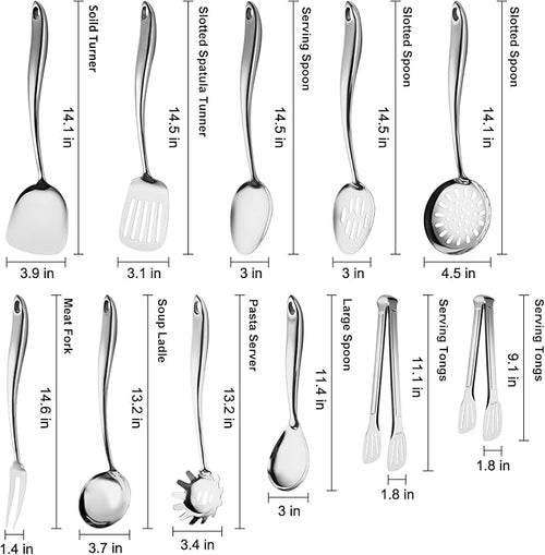 304 Stainless Steel Kitchen Utensils Set, 11 PCS Metal Cooking Utensils Set with Spatula, Spoon, Ladle, Skimmer, Turner, Pasta Server, Tongs