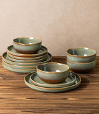 TheTerra Ceramic Dinnerware Sets for 4, 12 Pieces Handmade Reactive Glaze Plates and Bowls Sets, Scratch Resistant Dish Set, Oven & Microwave & Dishwasher Safe, Brown Green