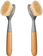 2 Pack Kitchen Dish Brush Bamboo Handle Dish Scrubber Built-in Scraper, Scrub Brush for Pans, Pots, Kitchen Sink Cleaning, Dishwashing and Cleaning Brushes are Perfect Cleaning Tools, Color-Gray