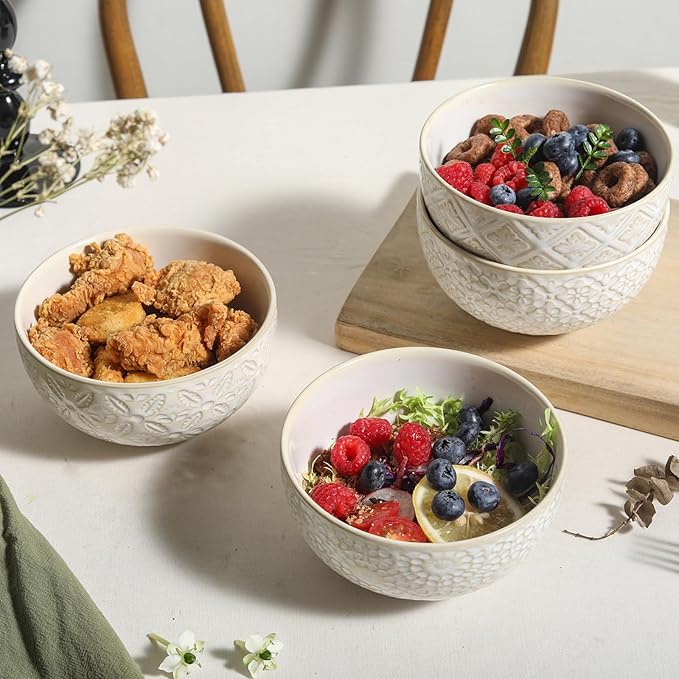 Soup Bowls 26 Oz - 6 inch Ceramic Cereal Bowls Set of 4, Kitchen Serving Dish, Embossed Bowl for Salad, Pho, Breakfast, Ramen, Rice, Dishwasher & Microwave Safe, Decorative Housewarming Gift