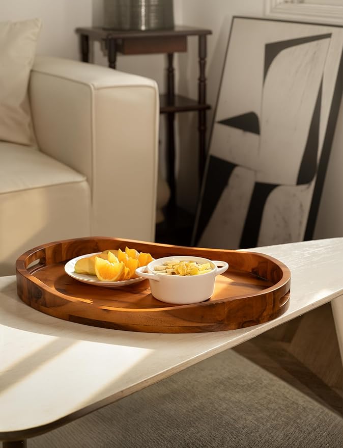 TIDITA Acacia Wood Ottoman Tray with Handles - 20" x 15" Round - Large Oval Serving Trays for Living Room -Wooden Trays for Decorative for Kitchen Counter, Coffee Table, Breakfast in Bed (Acacia)