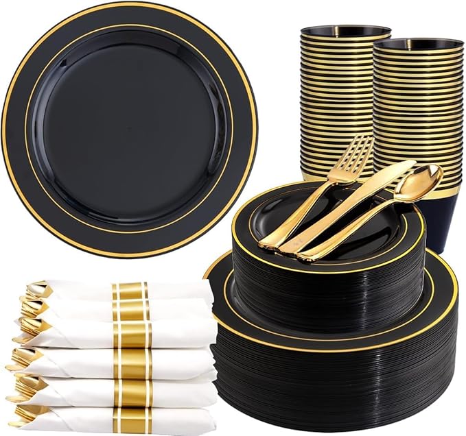 350 Pieces Black and Gold Plastic Plates with Disposable Silverware, Include 50 Dinner Plates 9”, 50 Dessert Plates 6.3”, 50 Black Cups 9 OZ, 50 Pre Rolled Napkins for Wedding Party Graduation