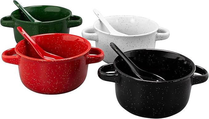 ZENVY Soup Bowl Set of 4 | Ceramic Soup Bowls and Spoons | 22 Ounce (Speckled Glaze)