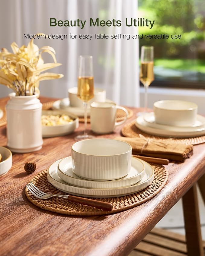Famiware Star 24-Piece Stoneware Dinnerware Sets with Trim, Service for 8 - Ceramic Plates and Bowls Set, Ribbed Dishes with High Edge, Chip & Scratch Resistant, Microwave & Dishwasher Safe, White