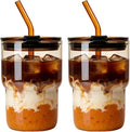 Luxfuel 16 oz Glass Tumbler with Lid & Straw, Reusable Iced Coffee Cup & Smoothie Cup, Leak-Proof Borosilicate Glass for Coffee, Iced Tea, Water – 2 Pack, Ideal for Office, Home & Travel, Amber