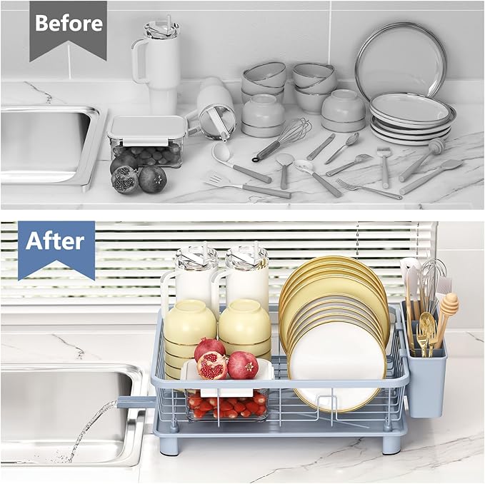 Hiviweer Blue Dish Drying Rack, Dish Rack,Space-Saving Dish Racks for Kitchen Counter with Utensil Holder,Gifts for Women Mothers Day, Kitchen Gadgets & Decor