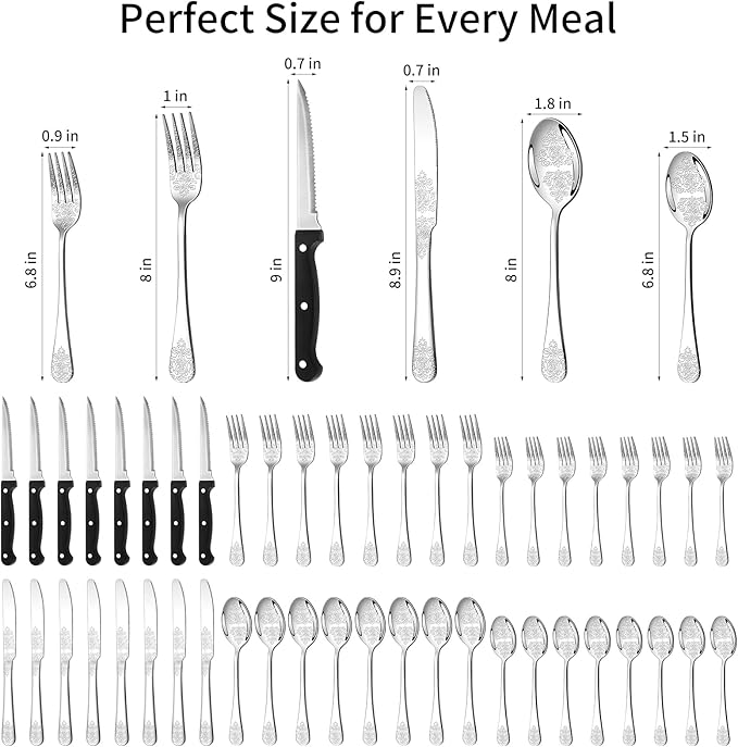 49PCS Silverware Set for 8 with Flatware Drawer Organizer, Stainless Steel Cutlery Set with Steak Knives, Include Spoons and Forks Set, Carving floral patterns, Dishwasher Safe